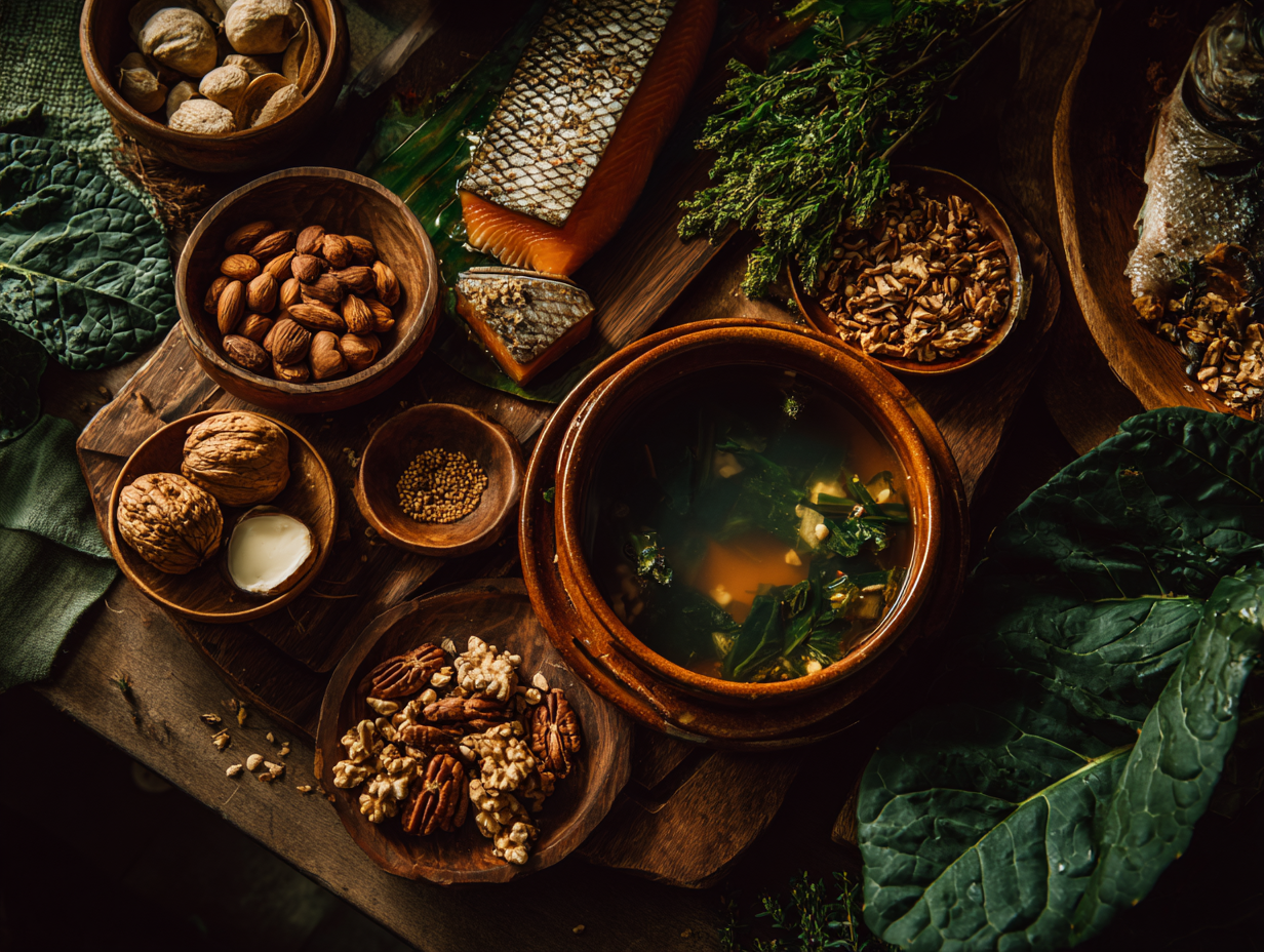 Здорові продукти для суглобів: рибний бульйон, горіхи, зелень