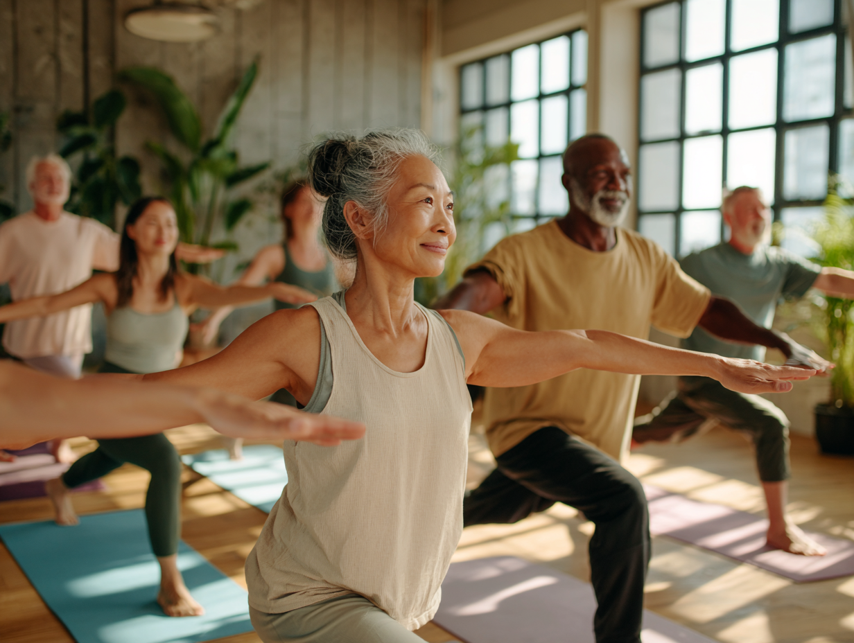 Група людей різного віку займається лікувальною гімнастикою для суглобів