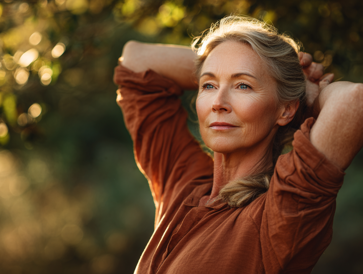 Літня жінка виконує вправи для суглобів у природному середовищі